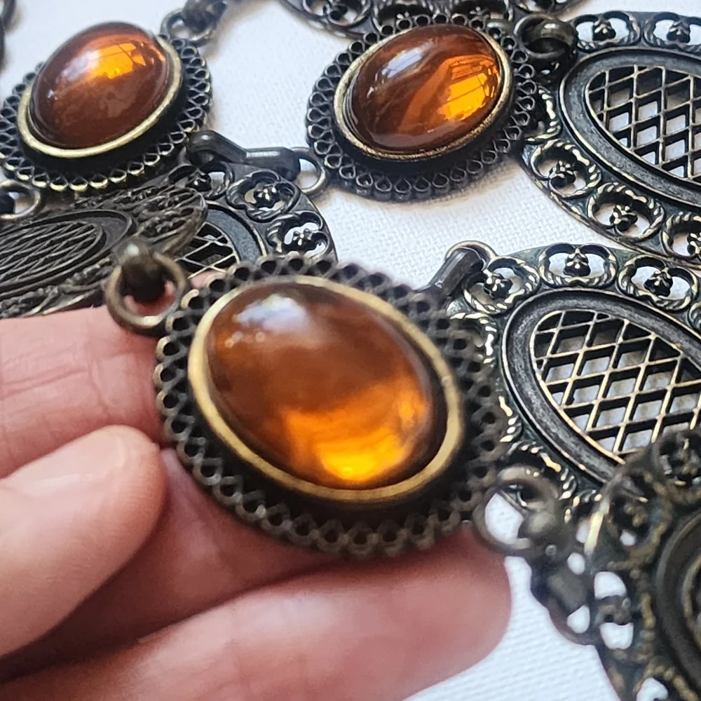 Amber Belt Vintage Jewelry Bronze Medallion Antique Gold Heavy Chain